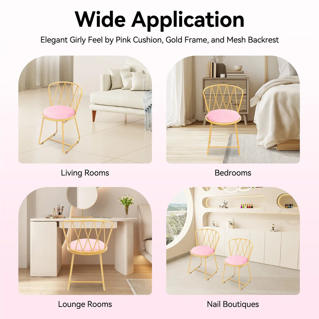 Pink Velvet Makeup Chair with Gold Base 50mm Thick Cushion & Modern Vanity Stool Foldable Backrest Freestanding