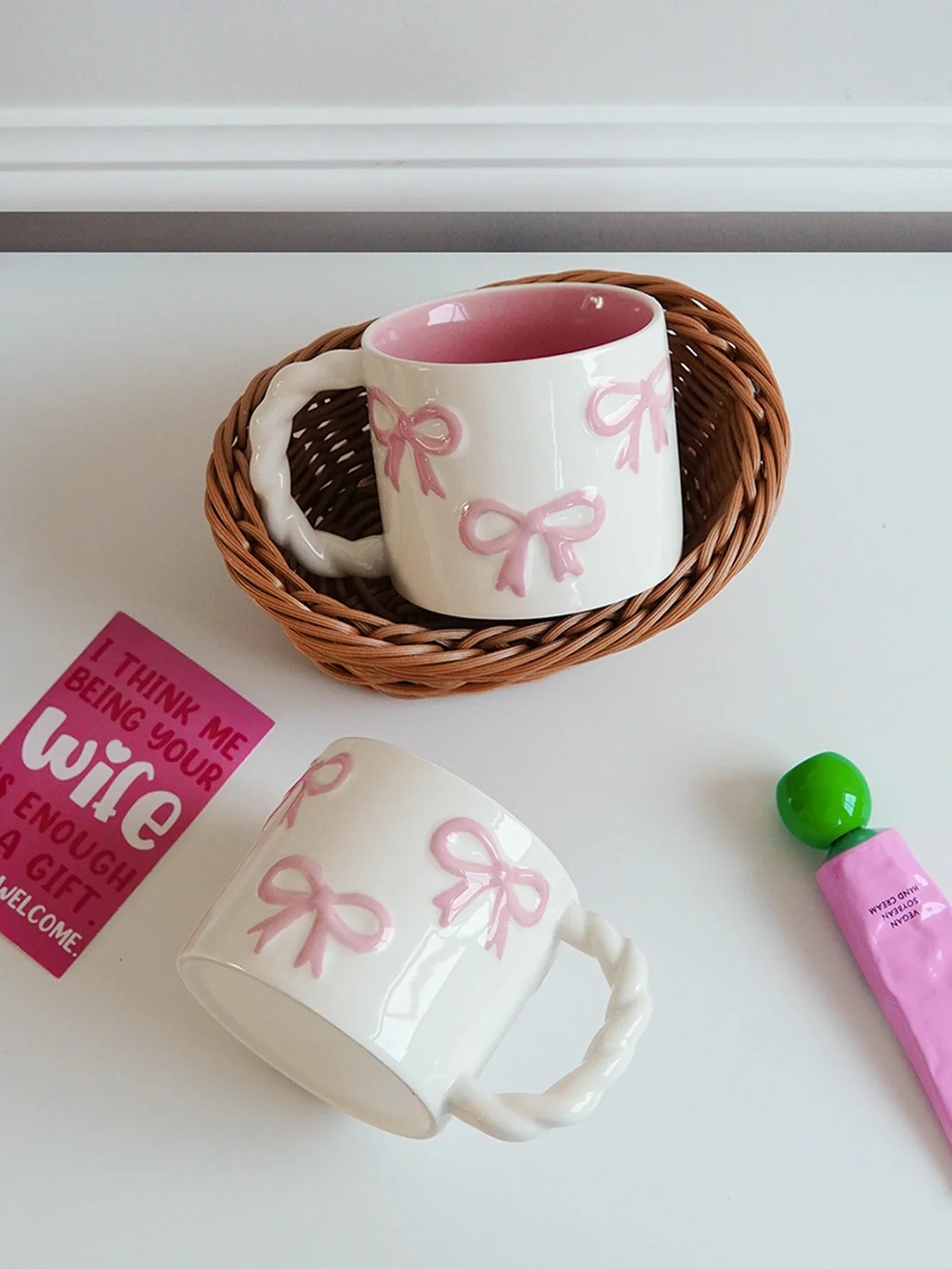 Pink Bow Ceramic Mug, Twist Handle Ceramic Mug, Exquisite and Simple Pink Embossed Mug