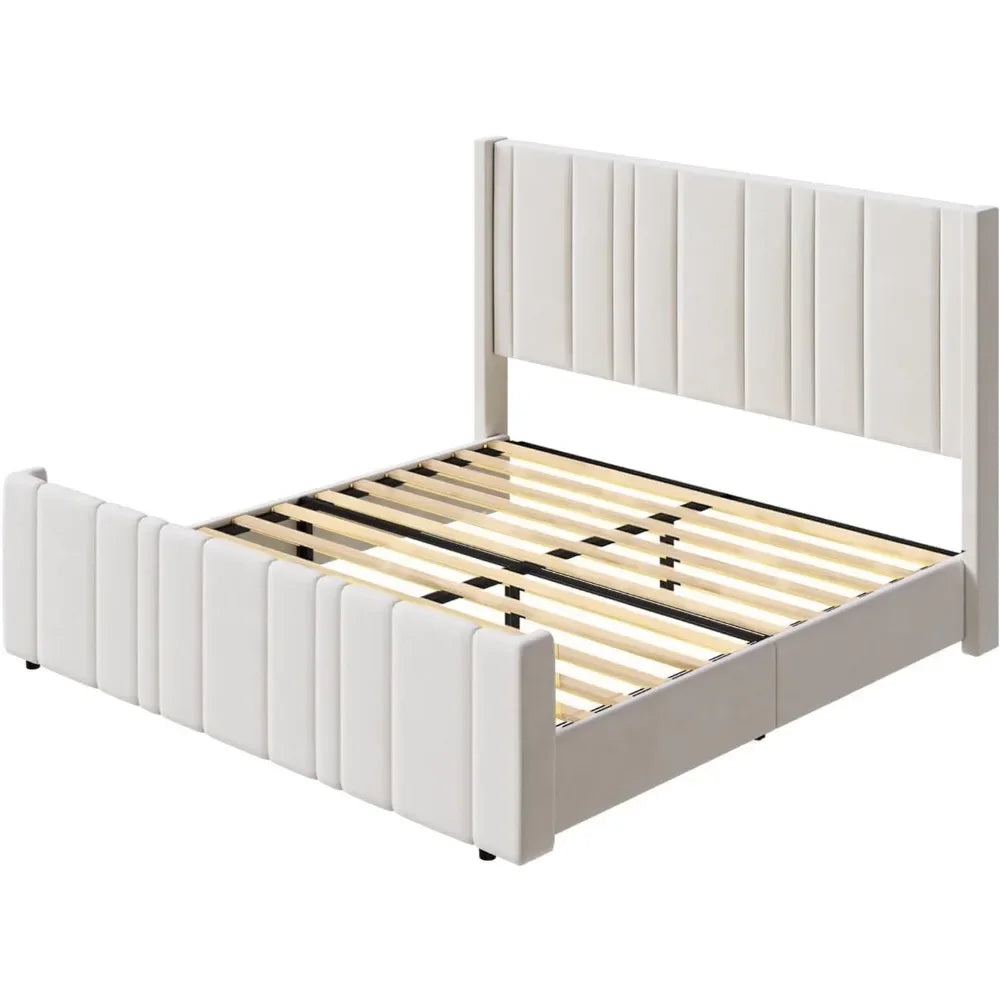 Soft Velvet Upholstered Bed Frame with Vertical Channel Tufted Wingback Headboard & Tall Footboard