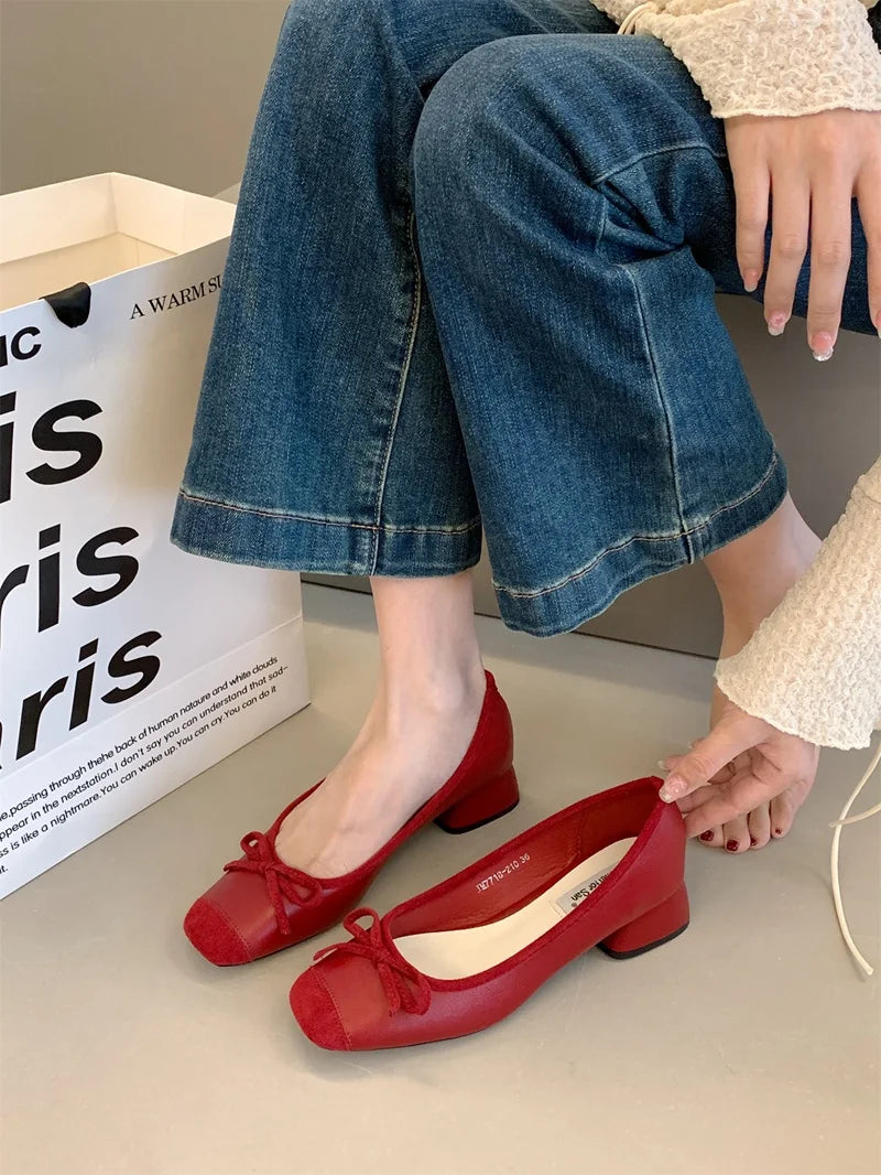 Fashion Elegant Red Ballerinas Women Pumps Slip on Loafers Round Toe Square Heels Bowknot Low Heel Shoes