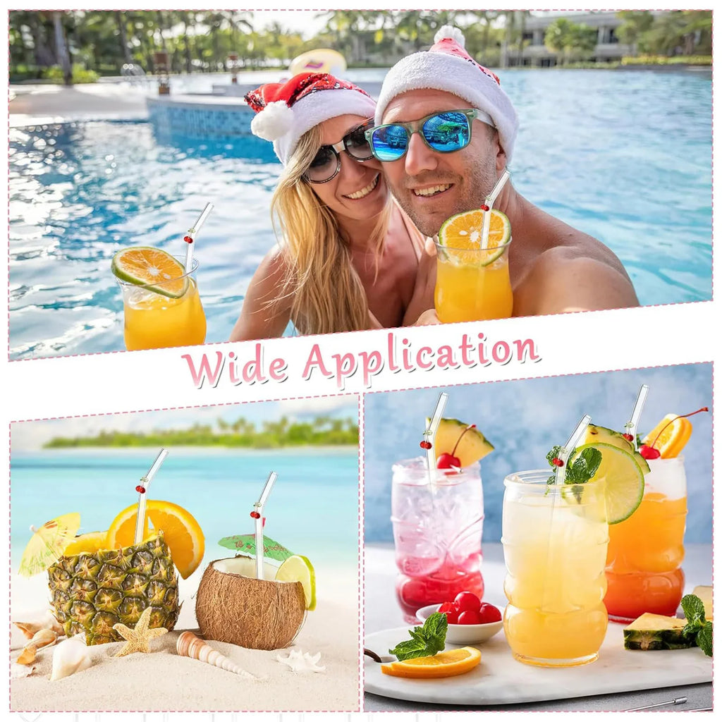 Cherry Design Reusable Straws Clear Glass Straws Colorful with 1 Cleaning Brush