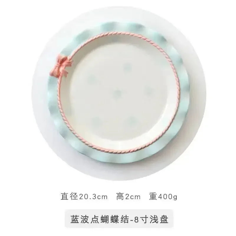 Heart-shaped Bow Wavy Edge Ceramic Dinnerware Set Ideal Cake Presentation,  Princess Pastry Platter, Lace-edged Rice Bowls