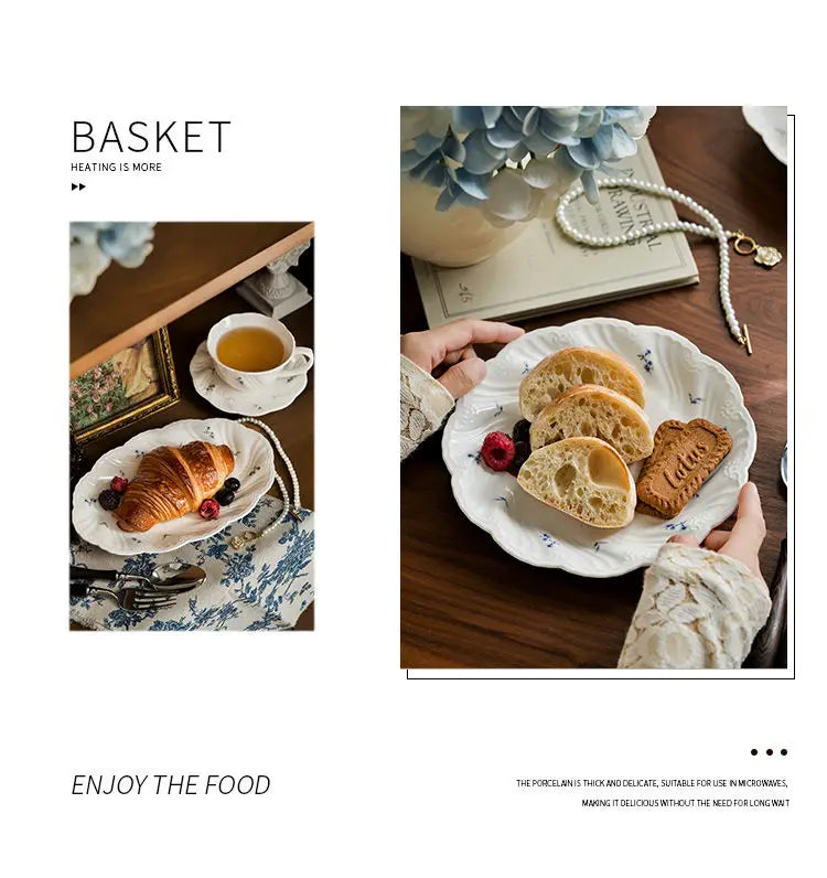 Ceramic Floral Bowl Dish Set Oval Plate New French Medieval High-end Cup Dish Set