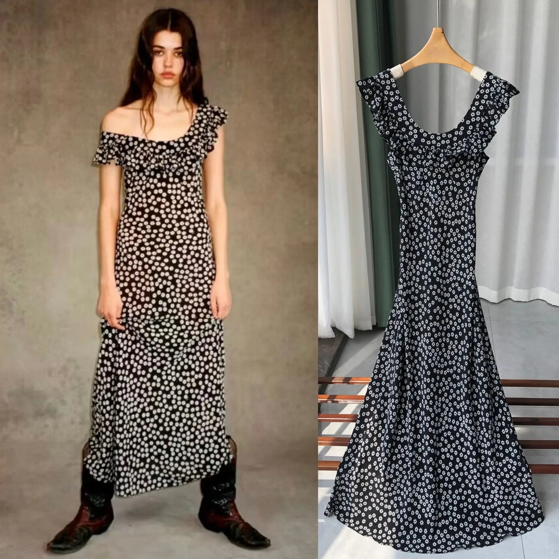 French Daisy Vintage Girl Silk Polka Dots U Neck V Back Sexy Summer Women Long Dress