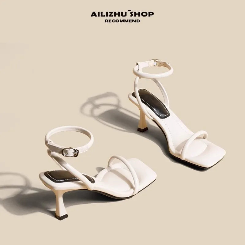Women's High Heel Sandals Square Toe Thin Heels One-length Strip Open Toe Sandals