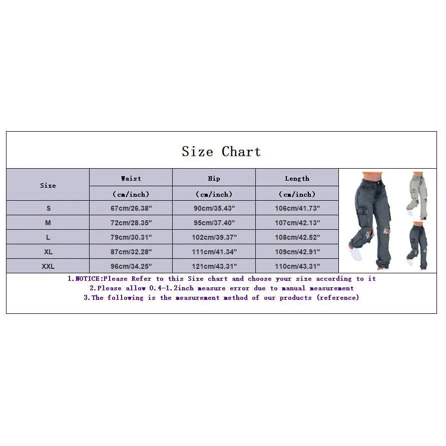 Women's Washed Baggy Pocket Cargo Straight Trousers Jeans Ladies Streetwear