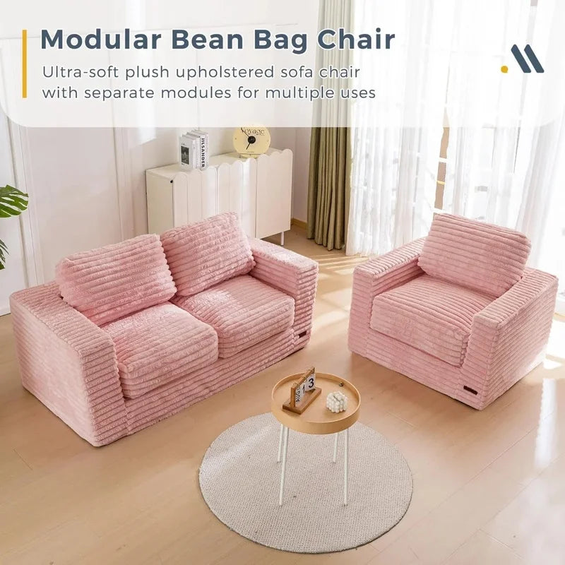Two-Seat Bean Bag Sofa with Pillows and Armrests, Upholstered Loveseat in Pink, Comfortable Floor Seating