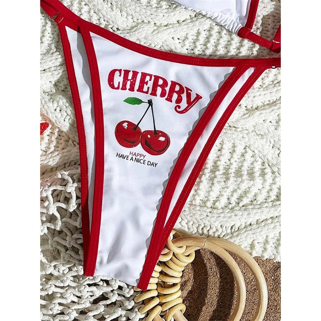 Cherry Printed Short Sleeve Bikini Female Swimsuit Women Swimwear Three-pieces Bikini Set