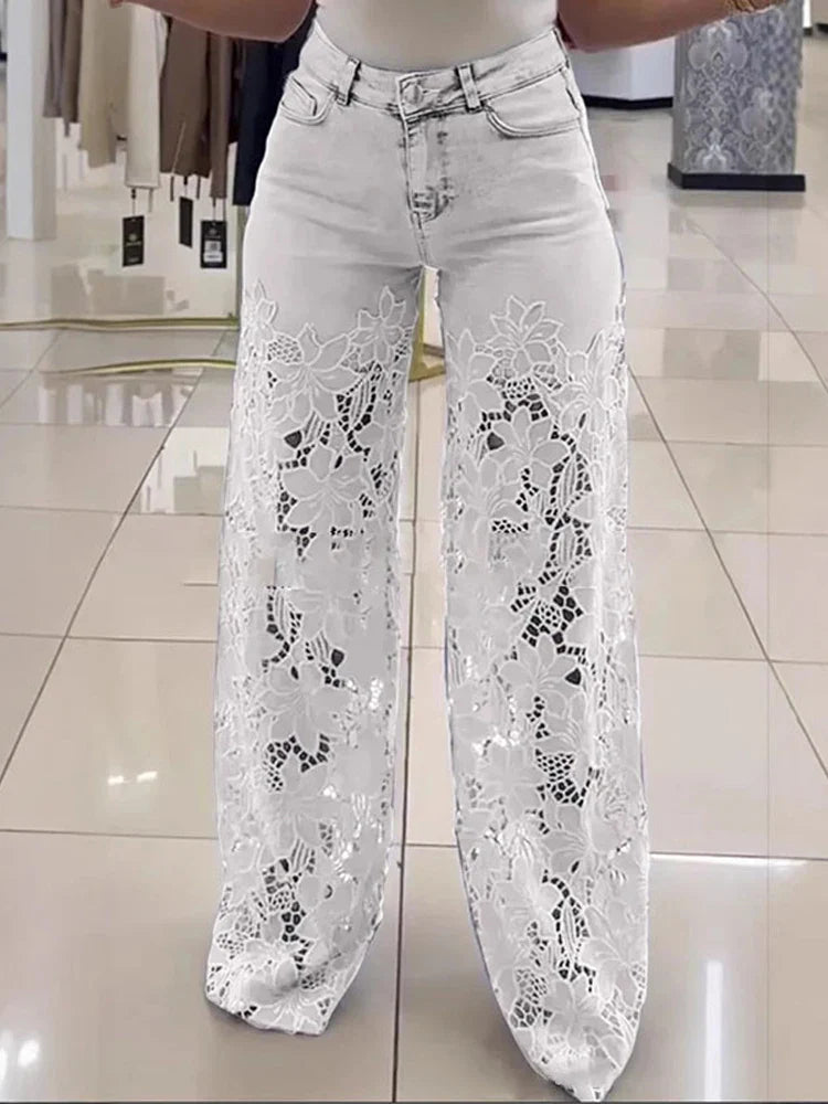 Vintage Hollow Out Lace Flowers Lady Jeans Loose Straight Denim Pants High Street Elegant Summer New Trousers Chic Fashion Pant