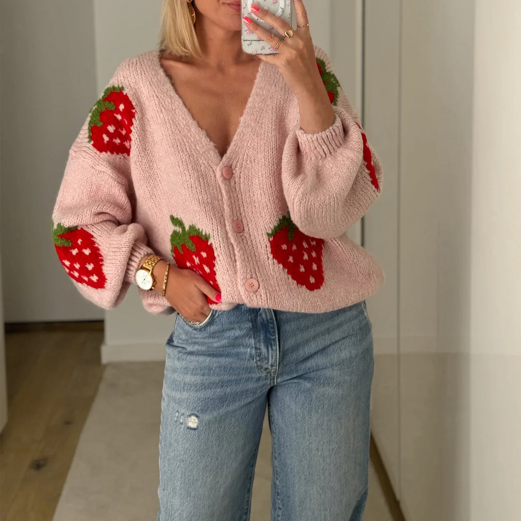 Women Cardigans Sweater Warm Autumn Winter O-neck Strawberry Long Sleeve Loose Knitwears Tops