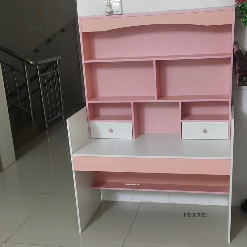 Girl Pink Bookshelf and Bookcase Integrated Study Desk with Storage Gaming Table Modern Office Furniture