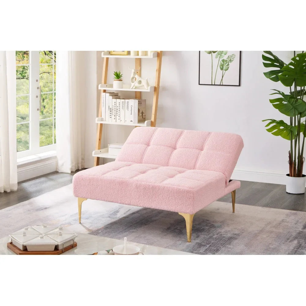 Pink Teddy Convertible Single Sofa Bed Futon With Gold Metal Legs Teddy Fabric