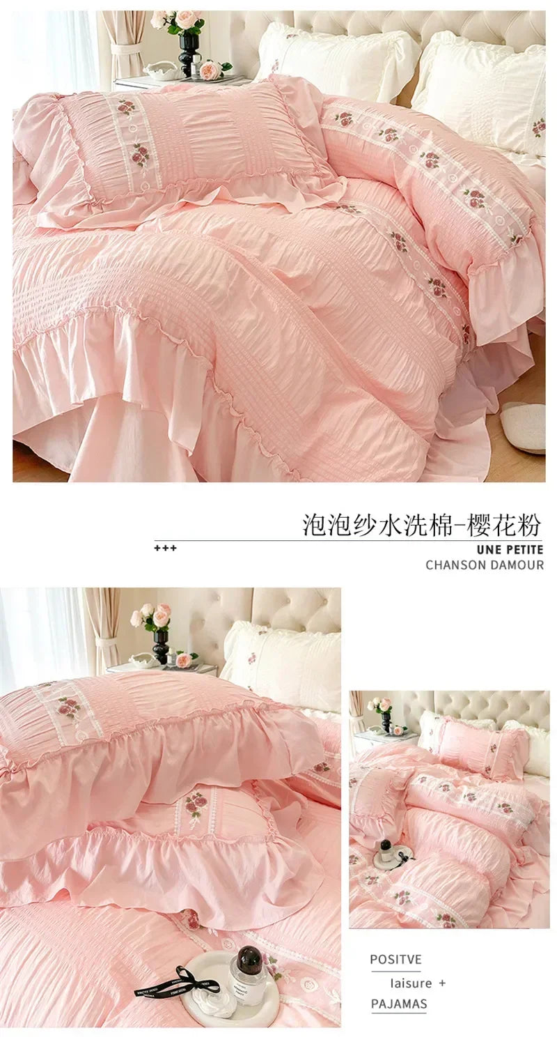French Embroidered Lace Bubble Gauze Bedding Set Elegant Princess Style Duvet Cover Set Ruffled Comforter Cover Sets