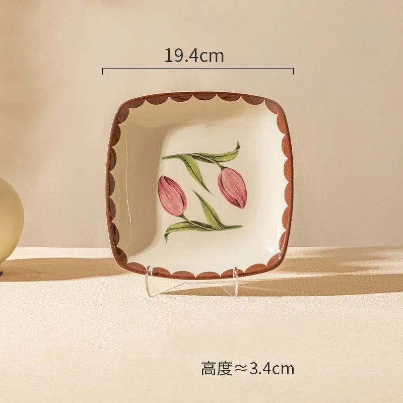 Retro Tulips Flower Ceramic Light Luxury Exquisite Dessert Plate