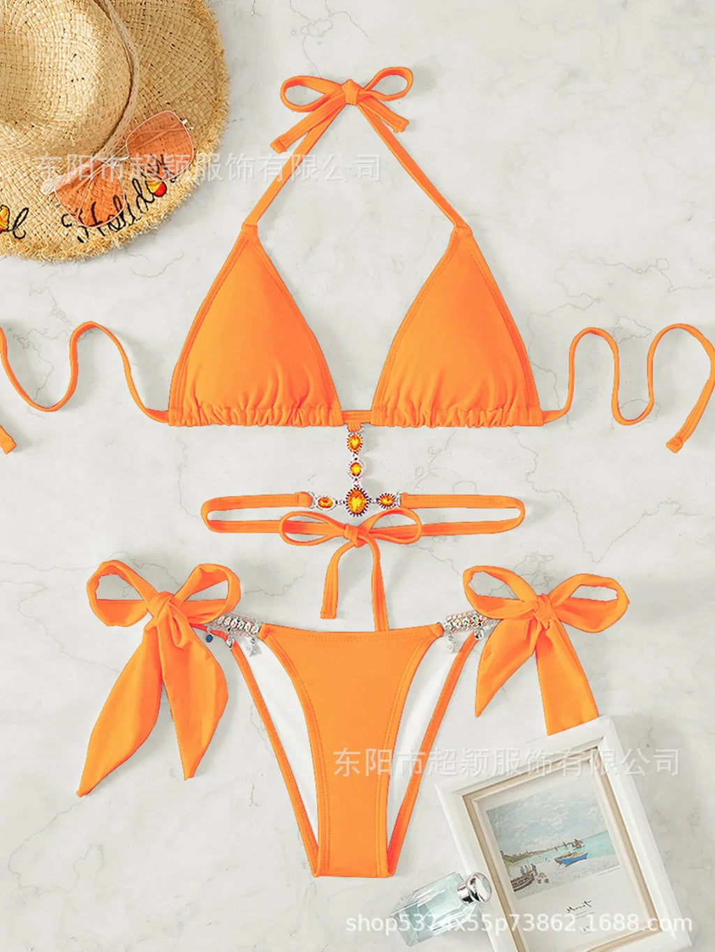 Women's Swimwear Crystal Diamond Triangle Bandage Backless Beach Bikini Swimsuit