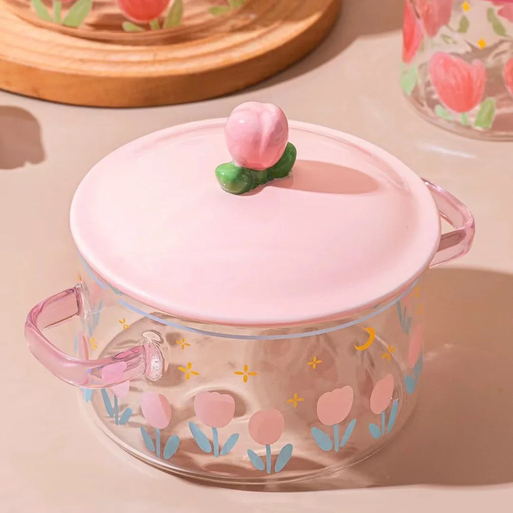 Pink Flower Instant Noodles Glass Pot Can Be Heated Soup Pot Double Ears Salad Bowl Covered with a Large Capacity Bowl