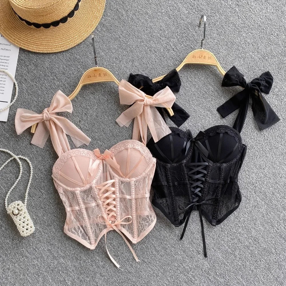 Spaghetti Strap Tank Top for Women Strapless Build in Bra Lace Patchwrok Tulle Bow Camis Summer Casual Female Camisoles