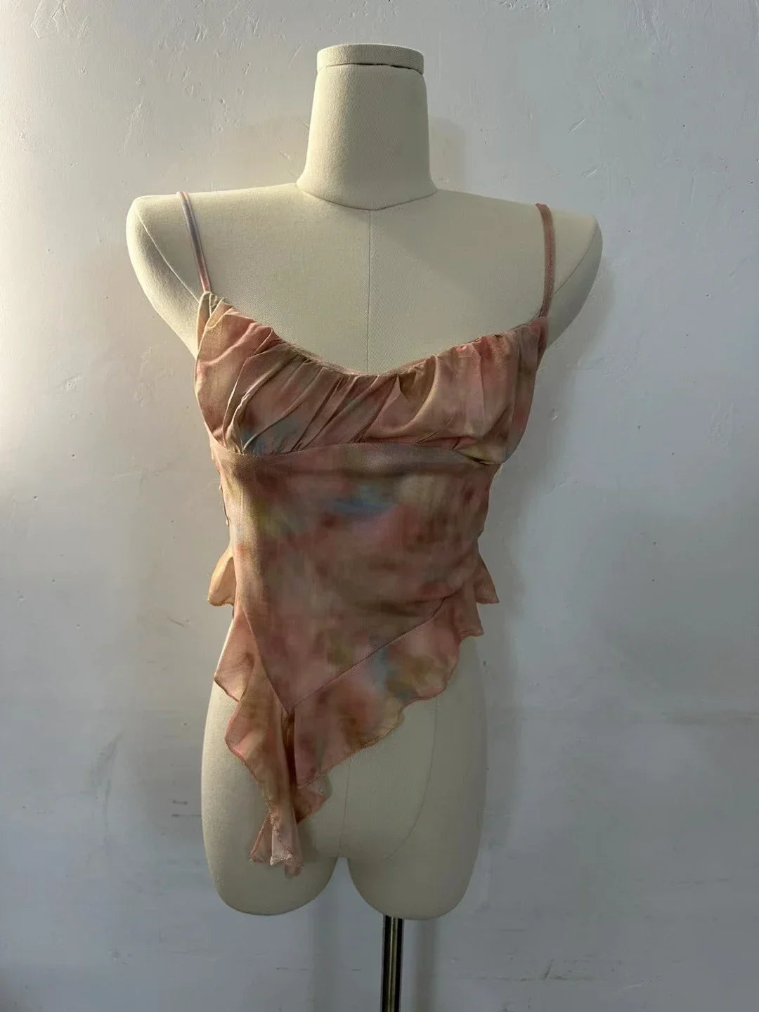 Girls Sweet Ruffles Mesh Camisole Top Lady Camis Sleeveless Printed Floral T shirts Stretch Slim Tanks For Slim Women