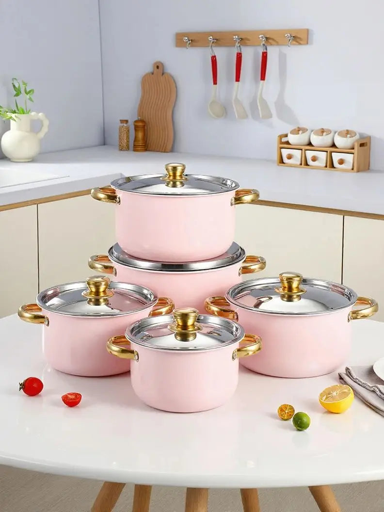 Stainless Steel Pink Pot Set, Gold Handle, Universal For Induction Cooker And Gas Stove, Suitable For Kitchen Cooking