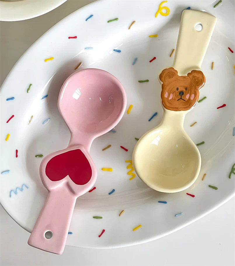 Ceramic Spoon Cute Heart Bear Cream Color
