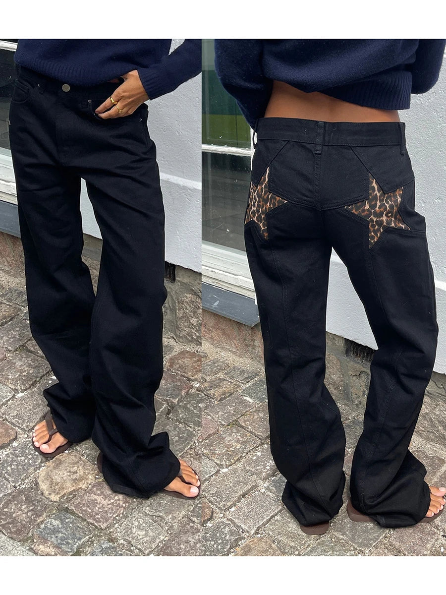 Women's Y2K Vintage Jeans Aesthetic Star Pattern Print Loose Straight Leg Denim Long Pants Casual Low Waist Trousers