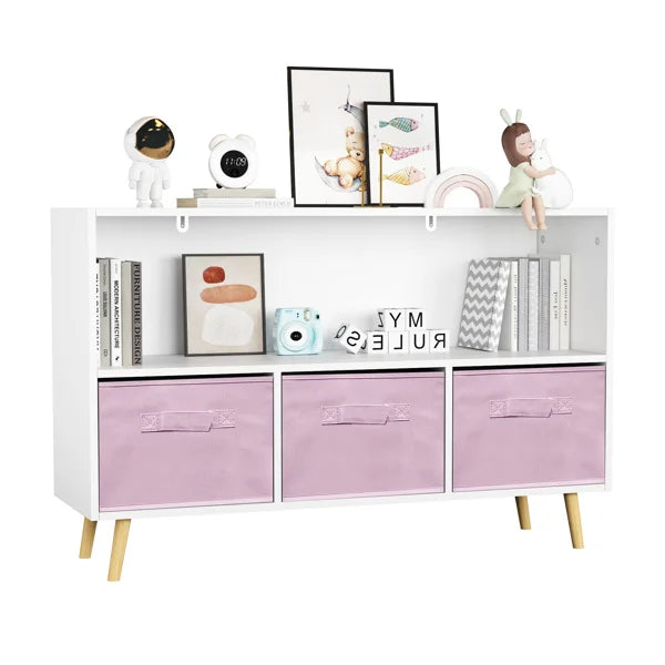Kids Bookcase with Collapsible Fabric Drawers, Children's Book Display, Toy Storage Cabinet Organizer, White/Pink