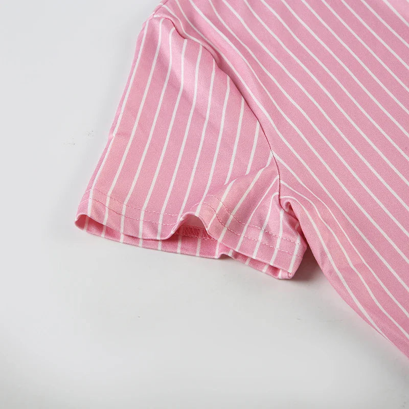 Stripe Short Sleeve Shirts For Women Button Up Turn Down Collar Slim Simple Casual Preppy Tops Basic Summer Tees