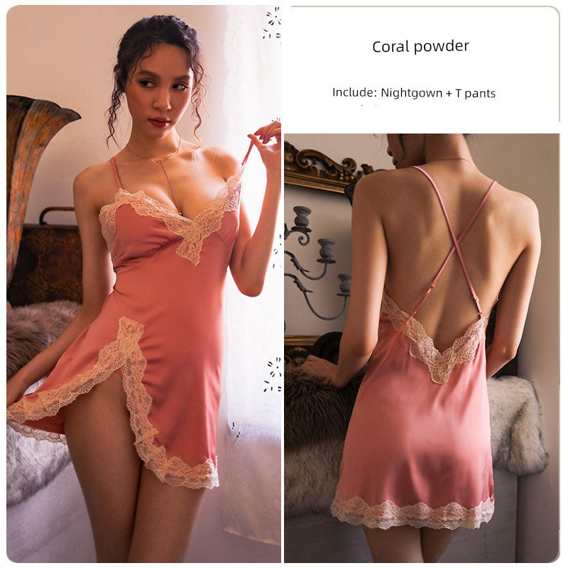 Women's Sexy Lace Pajamas Fancy Ice Silk Strap Night Dress