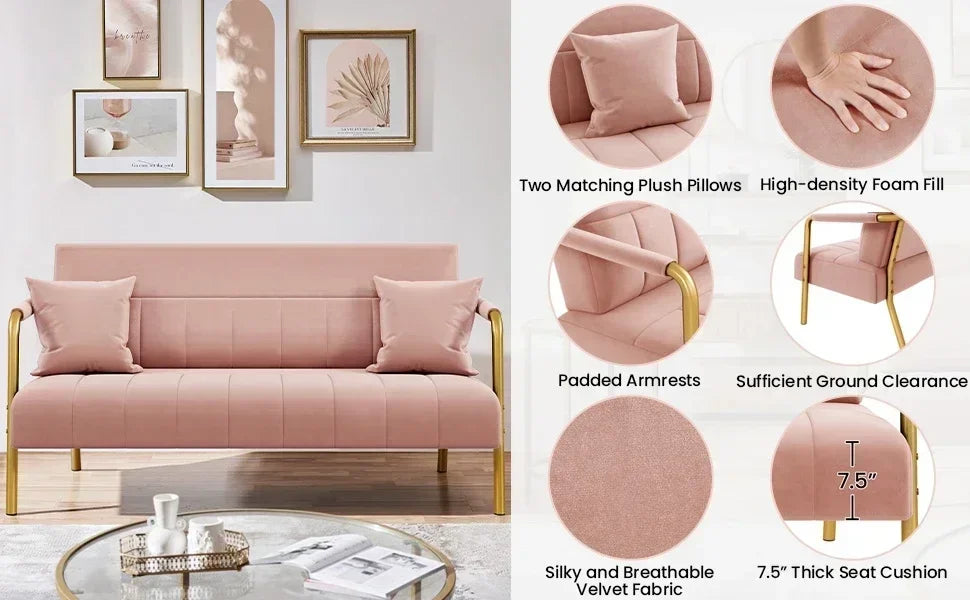 Modern Loveseat 2 Seater Sofa Luxurious Velvet Fabric Couch with Gold-Tone Metal Arms and Legs for Bedroom, Studio Pink 56.5" W