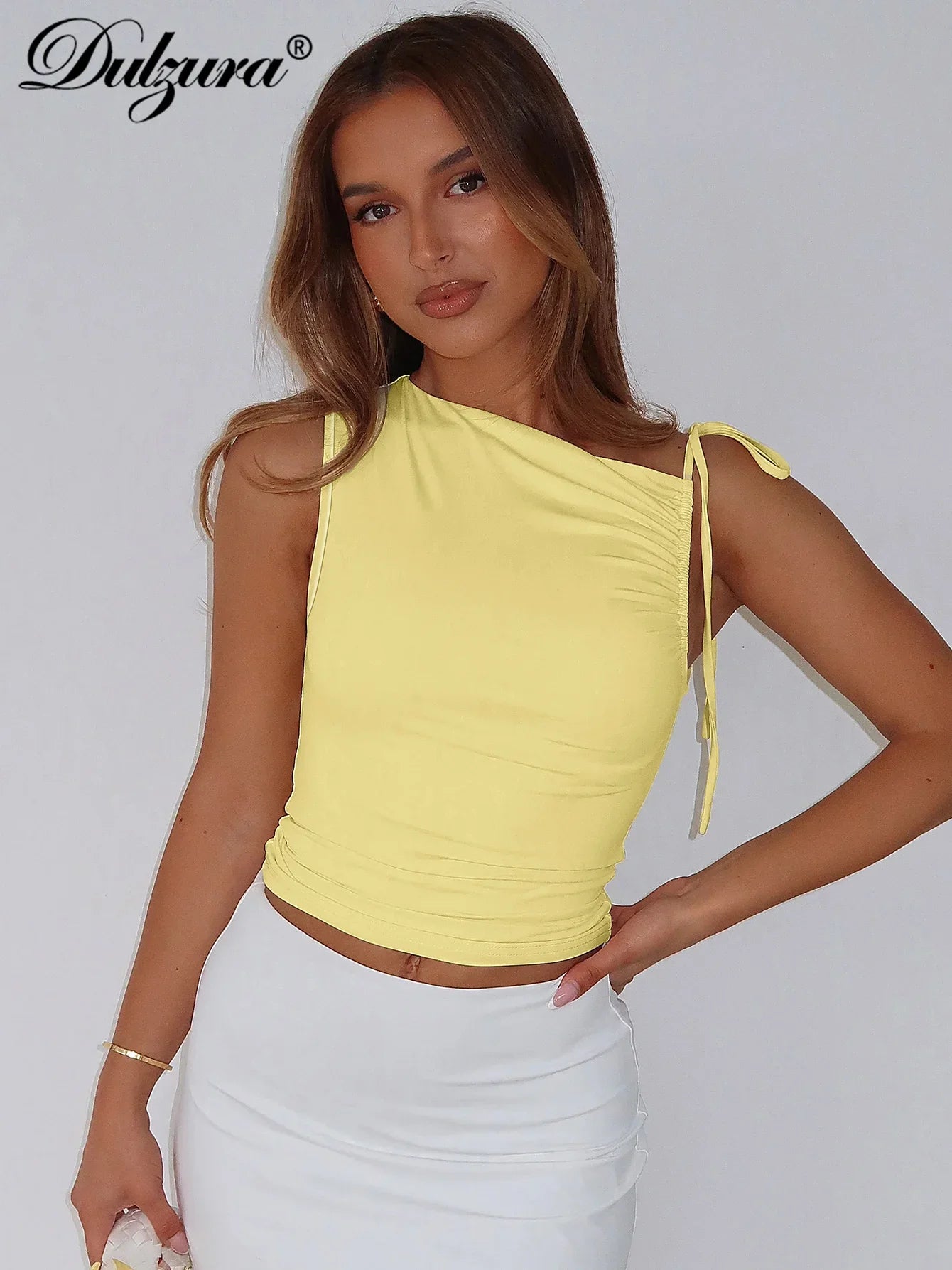 Sleeveless Skew Collar Ruched Lace Up Bodycon Crop Top Sexy Elegant l