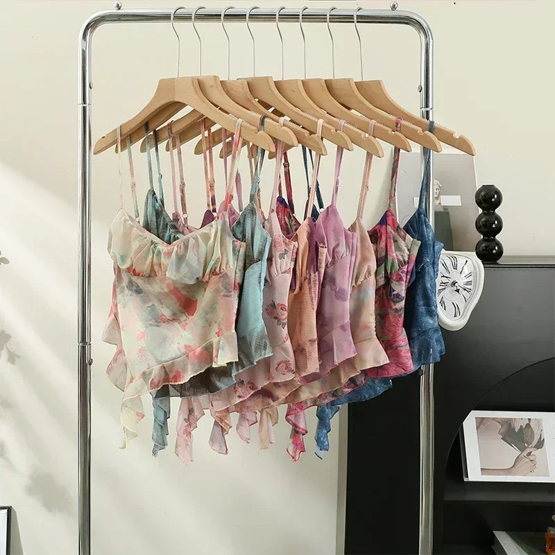 Girls Sweet Ruffles Mesh Camisole Top Lady Camis Sleeveless Printed Floral T shirts Stretch Slim Tanks For Slim Women