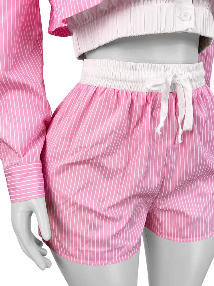 Casual Striped Buttoned Long Sleeve Shirt Top And Matching Shorts Set For Women Trakcksuits 2 Piece Co Ord Sets