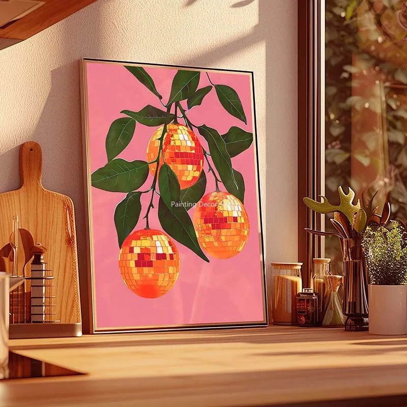 Retro Abstract Fruit Disco Ball Orange Miorrorball Creative Poster Canvas Paintings Wall Art Pictures