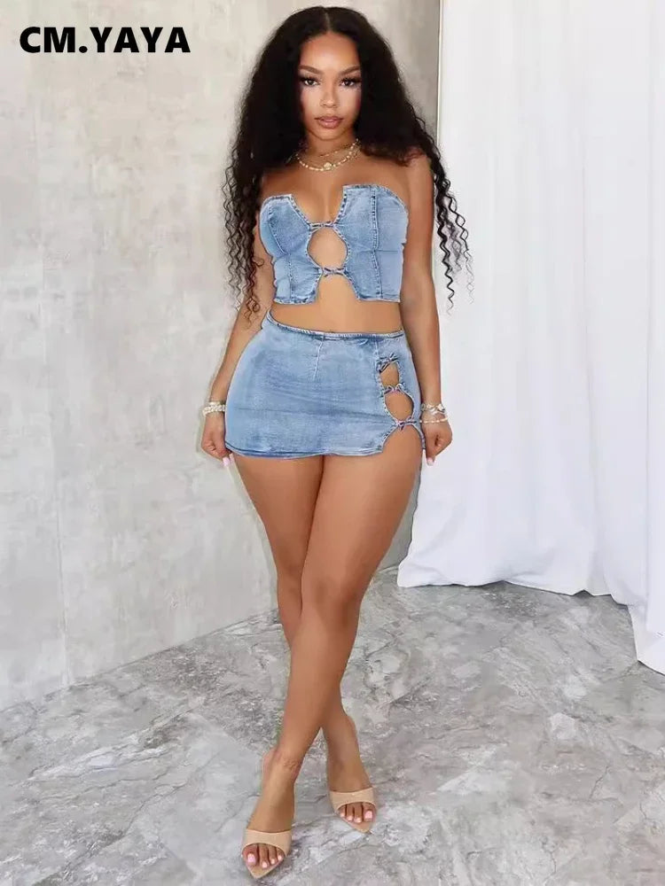 Women Set Sleeveless Denim Strapless Tops and Mini Skirt Suits Sexy Hollow Out Two 2 Piece Set Outfits