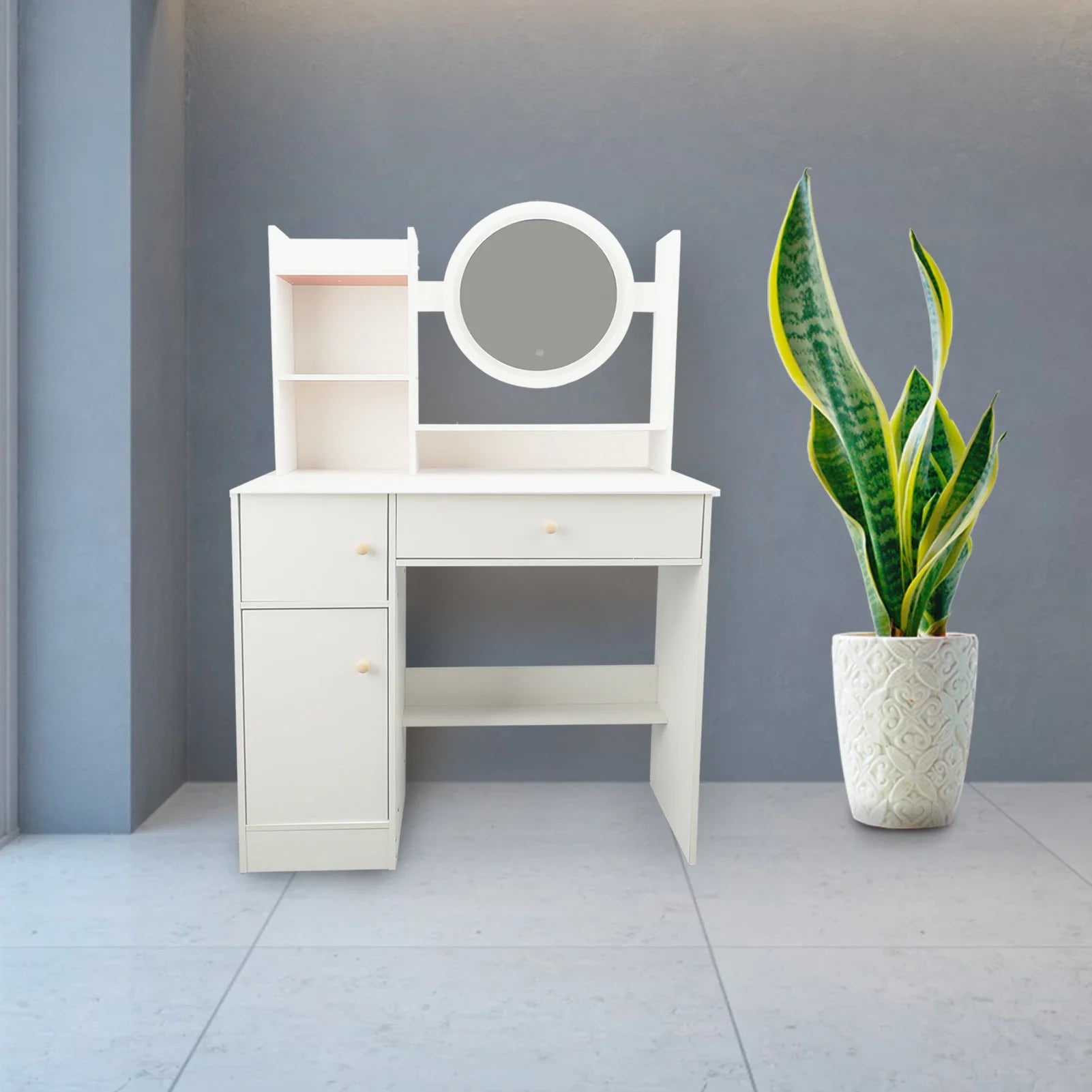 Makeup Vanity Desk Multiple Shelves Multifunction Space Saving Stylish Dressing Table Strong White with Lighted Mirror for Home