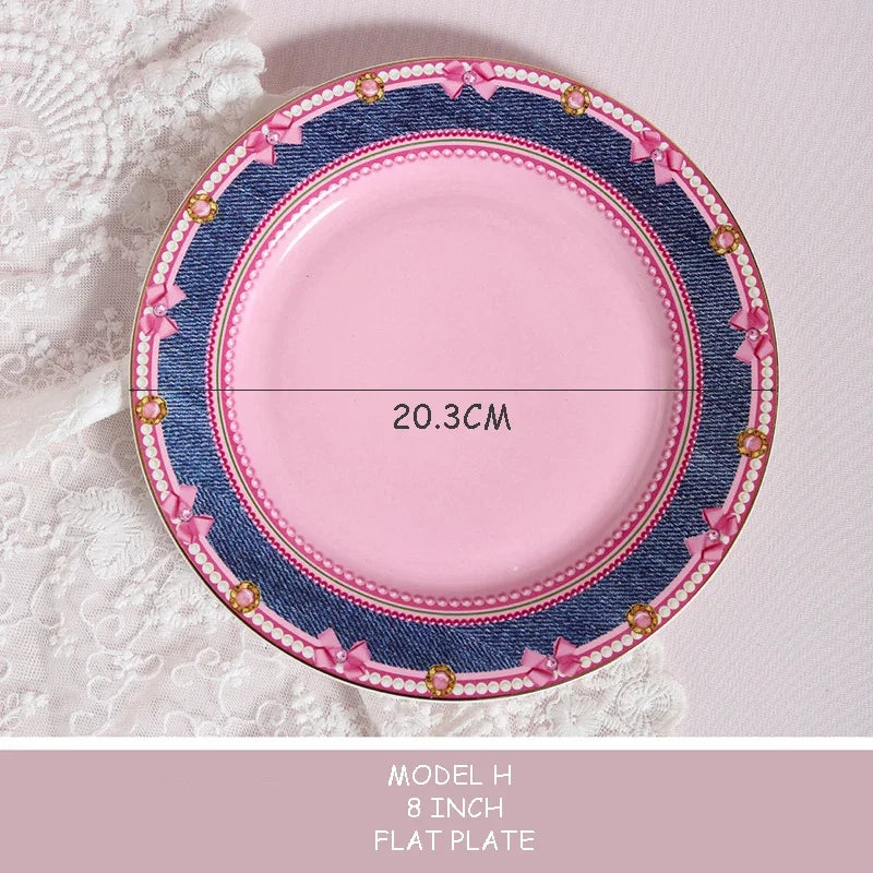 Pink Heart Shaped Dining Plate, Breakfast Tray, Ceramic Lace, Leopard Pattern Tableware, Afternoon Tea Salad Dessert