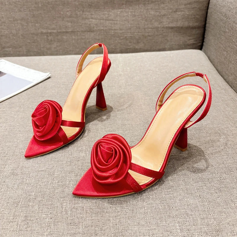 Fashion Silk Rose Flowers Pointed Open Toe Back Strap Women High Heels