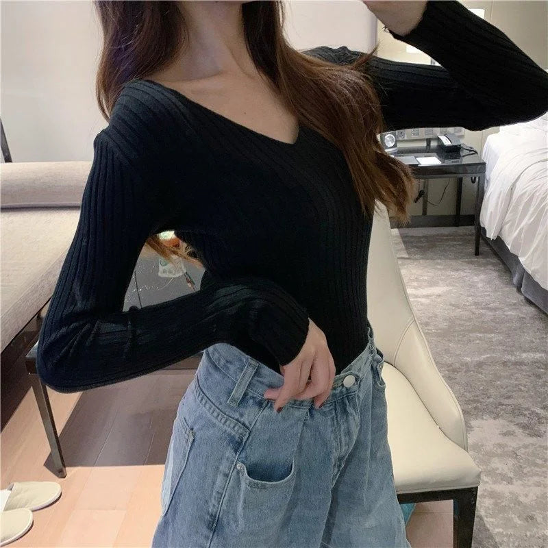 Women Sweaters Casual Long Sleeve Knitted V Neck Pullover Sweater Femme Basic Solid Jersey Tops Fashion Clothes