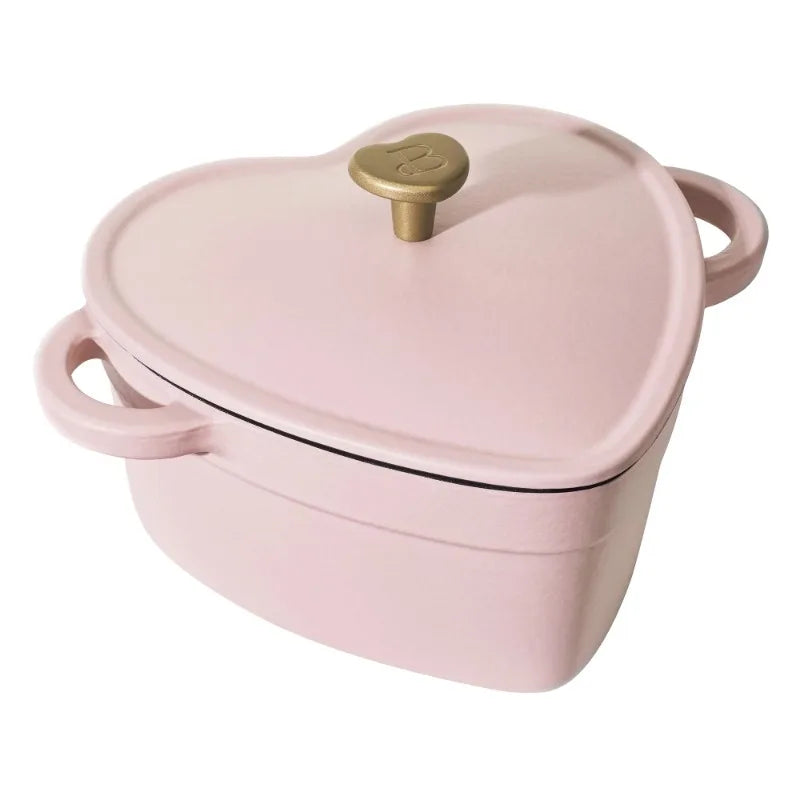 Pink Enameled Cast Iron Dutch Oven Heart-Shaped Pot with Lid, Dual Handles, Works on All Stovetops, Oven Safe to 500°F, 2-Quart