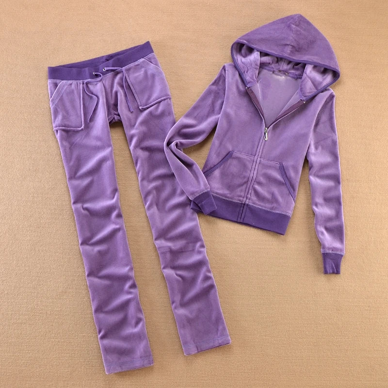 Solid Color Velvet Tracksuit For Women Two Piece Spring Women's Sweatshirt and Trousers Set