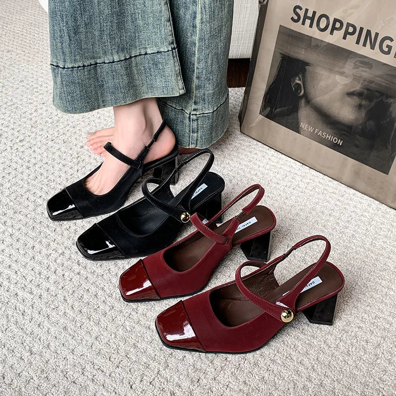 Fashionable High Heels, Summer New Style Spliced One-Strap Sandals, Sexy Exposed Heel Mid-Heel Sandals