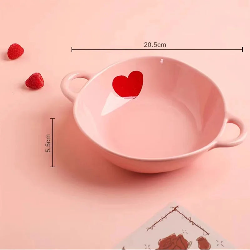 Pink Heart Pattern Ceramic Plate l Cup Bowl Dinner Tableware