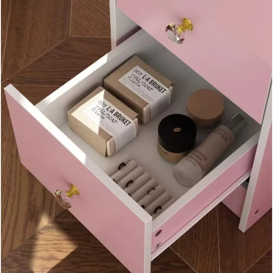 Pink 5-Drawers Makeup Vanity Dressing Table Set with Stool, Mirror and Storage Shelves Girls Dressing Table