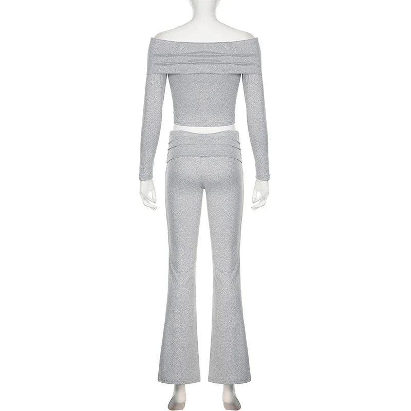 Slash Neck Top and Casual Pants Sets Women's Two Pieces Of Outfits Streetwear Solid Fashion Y2K Basic Slim Clothes