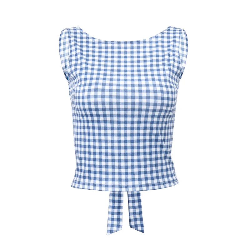 Fashion Bow Backless Tank Top Casual Streetwear Plaid Print Sleeveless Crop Tops Summer Slim Fashion Corsets