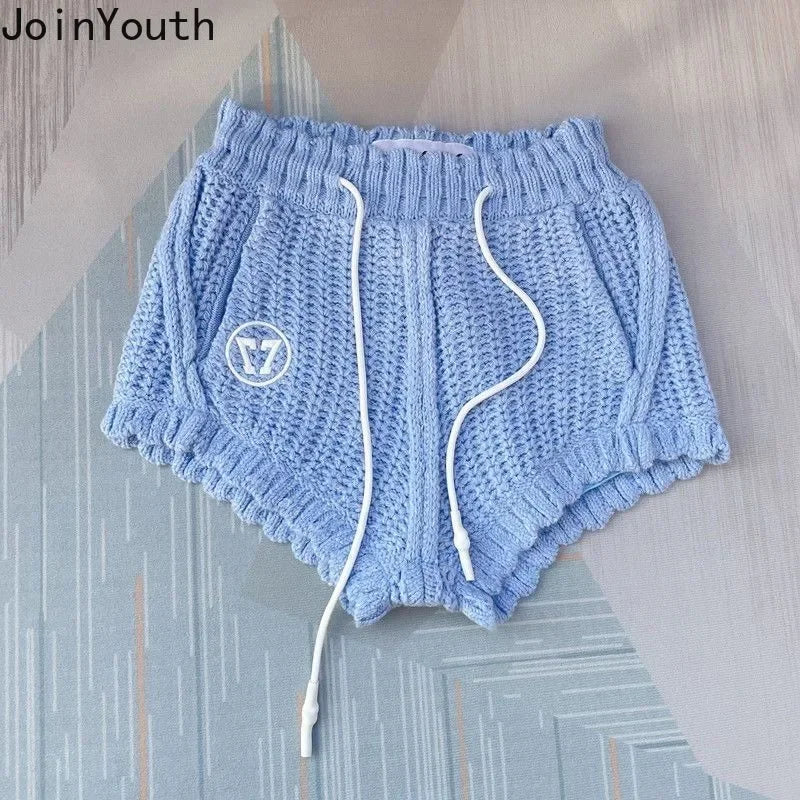 Knitted Clothing 2 Piece Womens Outfits Roupas Femme Zipper Letter Cropped Cardigan High Waist Casual Shorts Suit Set