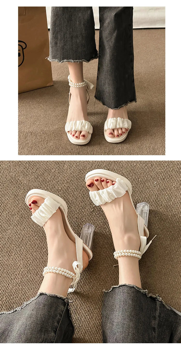 Women's Fashion Crystal Pearl High Heels Sandals