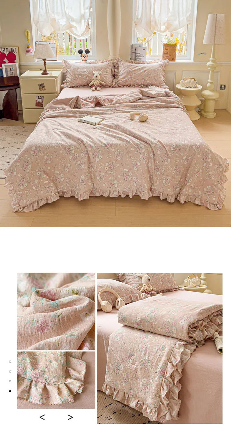 Korean Quilt with Lace and Ruffle Pure Cotton Patchwork Comforter for Summer Skin-Friendly Breathable Cooling Blanket for Home
