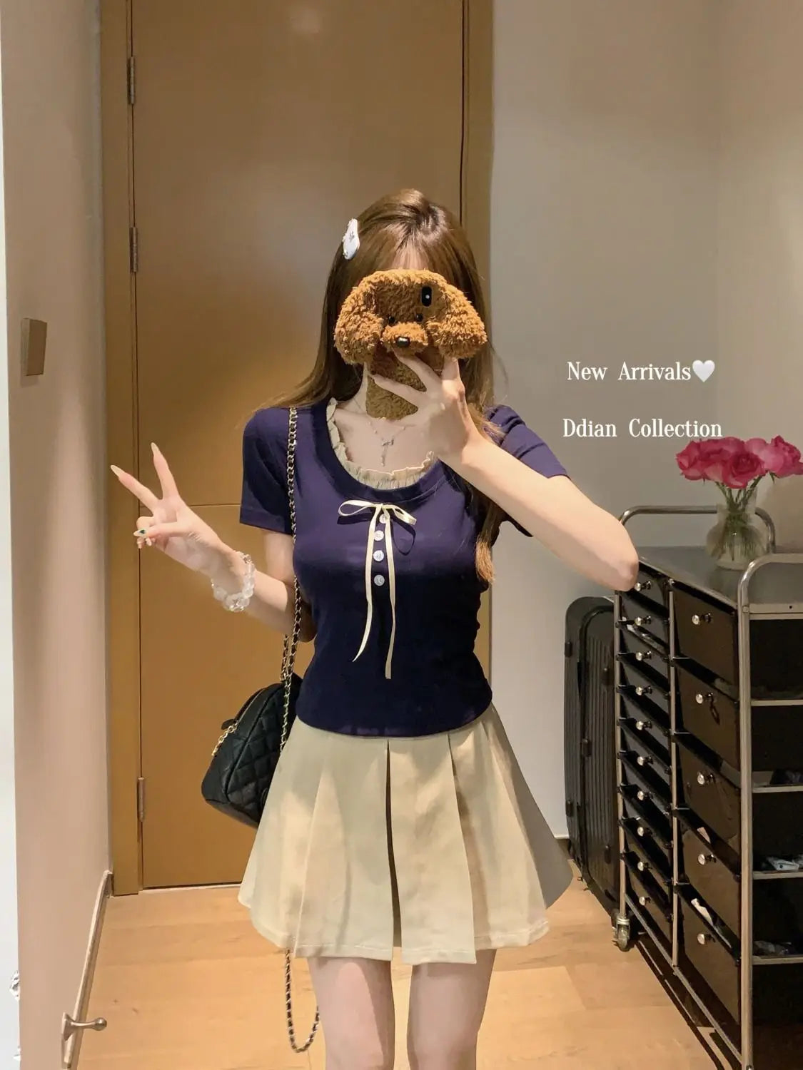 Sweet Style Fake Two-piece Bow Sweet Girl Top Short Sleeve T-shirt Slim Fit