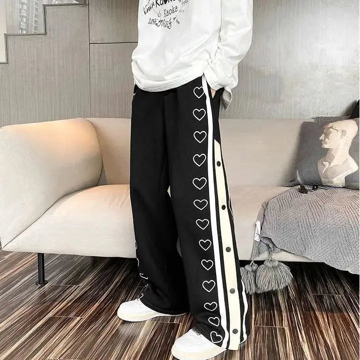 Harajuku Wide Leg Sweatpants Oversize Men Streetwear Side Button Baggy Pants Casual Hearts Sport Split Basketball Women Track Trousers